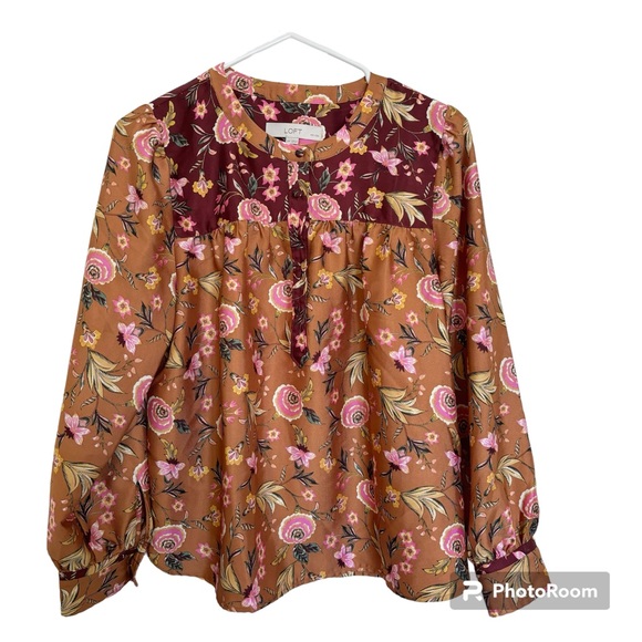 LOFT Tops - LOFT Women's Blouse, Size MP, Petite, Tan and burgundy, floral, long sleeves
